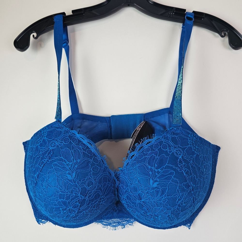 Victorias Secret Very Sexy Push Up Bra 38DD Blue Lace Rhinestone Shine Strap